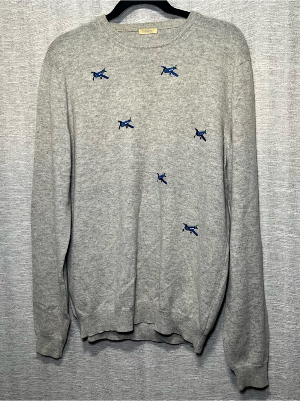Malo 100% Cashmere Lux Sweater Gray Airplane Embroidered Crewneck Made in Italy - Picture 5 of 16